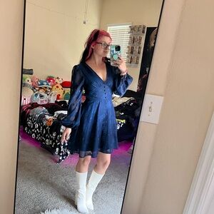 Blue V-Neck Bishop Sleeve Sundress